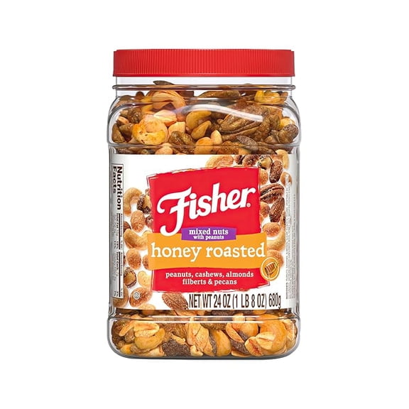 (1 pack) Fisher Snack Honey Roasted Mixed Nuts with Peanuts, 24 Ounces, Peanuts, Cashews, Almonds, Filberts, Pecans