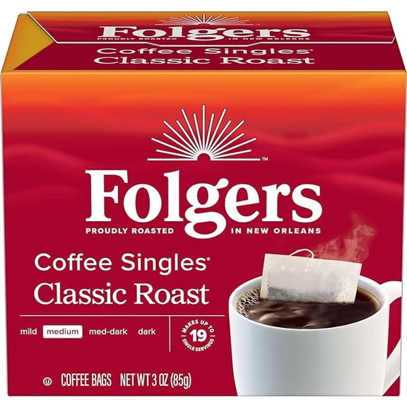 (1 pack) Folgers Classic Medium Roast Coffee, 19 Single Serve Coffee Bags