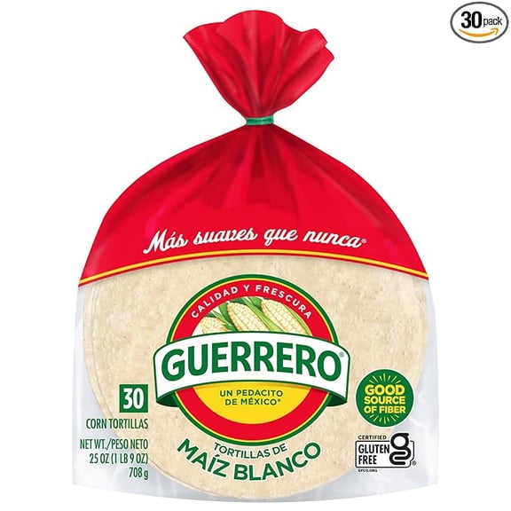 (1 pack) Guerrero White Corn Tortillas, Gluten Free, Trans Fat Free, Small Soft Taco Size, 30 Count