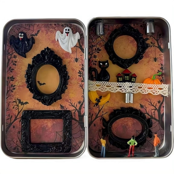 1 pack Halloween Miniature Scene Tin Box, DIY Micro Landscape Photo Frame with LED Lights, Halloween Theme Decor for Home & Gift