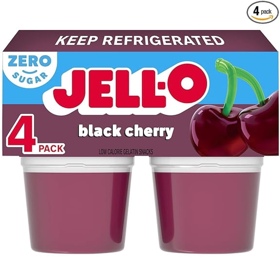 (1 pack) Jell-O Black Cherry Artificially Flavored Zero Sugar Ready-to-Eat Gelatin Snack Cups, 4 ct Cups