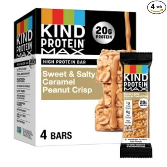 (1 pack) KIND Protein MAX Sweet & Salty Caramel Peanut Crisp Snack Bars, 20g of Protein, Keto Friendly, 1g of Sugar Per Bar, Gluten Free, 4 Count Box