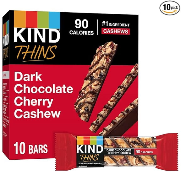 (1 pack) KIND THINS Dark Chocolate Cherry Chashew Bars, Gluten Free, 5g Sugar, 0.74 oz bars, 10 count