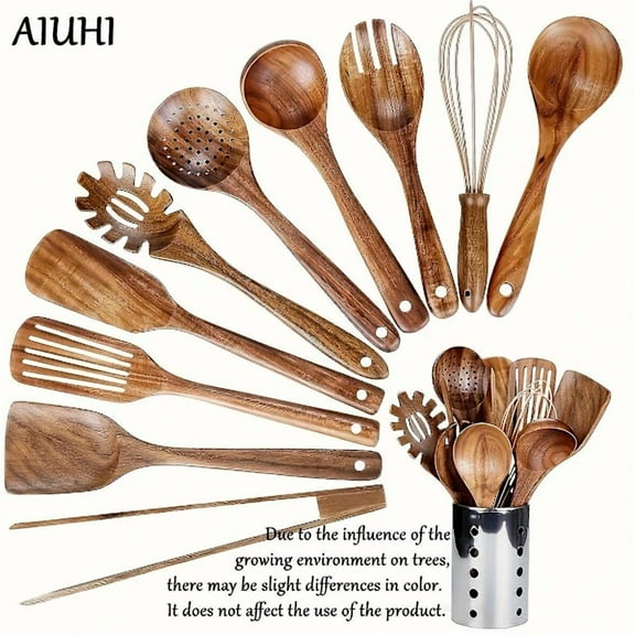 1-pack Kitchen Utensil Set with Holder, Wooden Kitchen Utensils for Cooking, Wooden Utensils Natural Teak Wood Spoons for Cooking, Wooden Kitchen Utensil Set