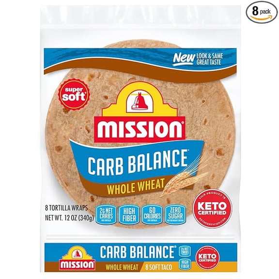 (1 pack) Mission Carb Balance Soft Taco Whole Wheat Tortillas, Medium Size, 8 Count, Low Carb, Keto, Whole Grains, High Fiber, No Sugar