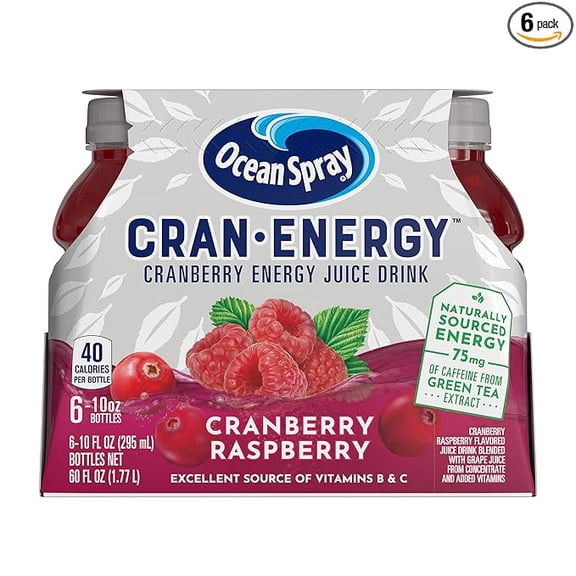(1 pack) Ocean Spray, Cran-Energy Cranberry Raspberry Energy Juice Drink, 10 Fl Oz Bottles, 6 Ct