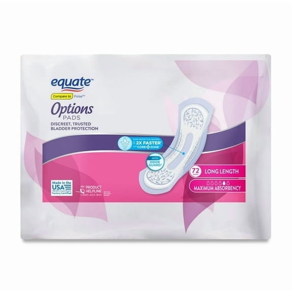Options Women's Incontinence Pads, Maximum Absorbency, Long Length (72 Count), Compare to Poise