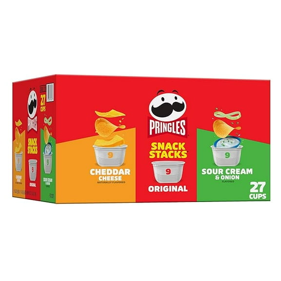 (1 pack) Pringles Potato Crisps Chips, On-the-Go Snacks, Snack Stacks, Variety Pack, 19.3oz Box (27 Cups)