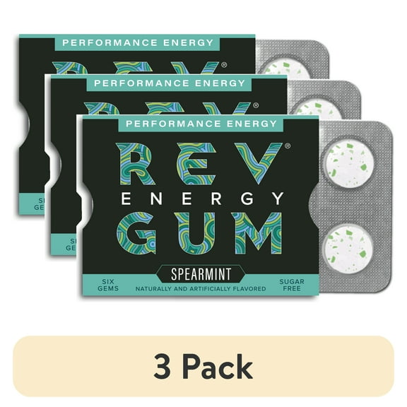 (3 pack) Rev Gum Sugar Free Spearmint Energy Gum, 6 Pieces