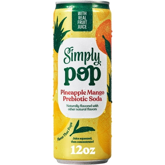 (1 pack) Simply Pop, Pineapple Mango Prebiotic Soda, 12 Fl Oz
