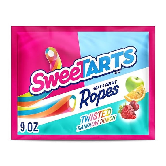 (1 pack) SweeTARTS Ropes, Candy, Twisted Rainbow Punch, Soft and Chewy, 9 oz