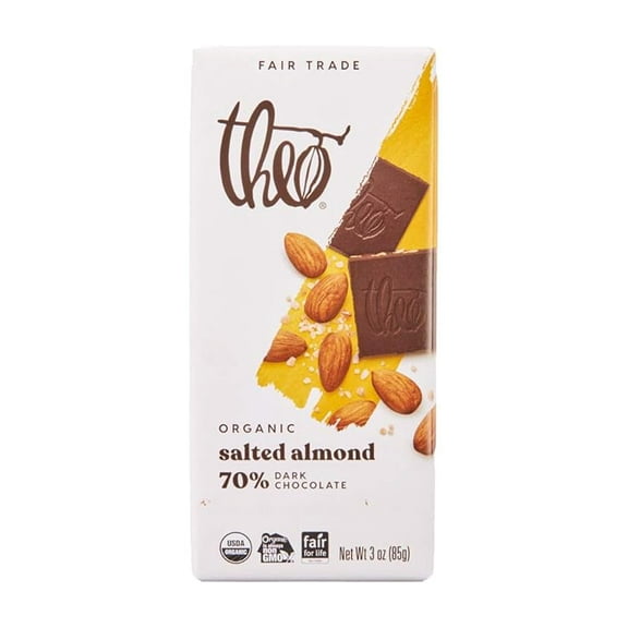 (1 pack) Theo Salted Almond Organic Dark Chocolate Bar, 70% Cacao, 1 Bar | Vegan, Fair Trade