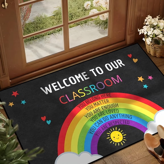 1-pack "Welcome to Our Classroom" Rainbow Smiley Face and Sun Pattern Doormat, Polyester Fiber Mat - Machine Washable, Suitable for Kitchens, Dining Rooms, Hallways, Bathrooms, and Bedrooms