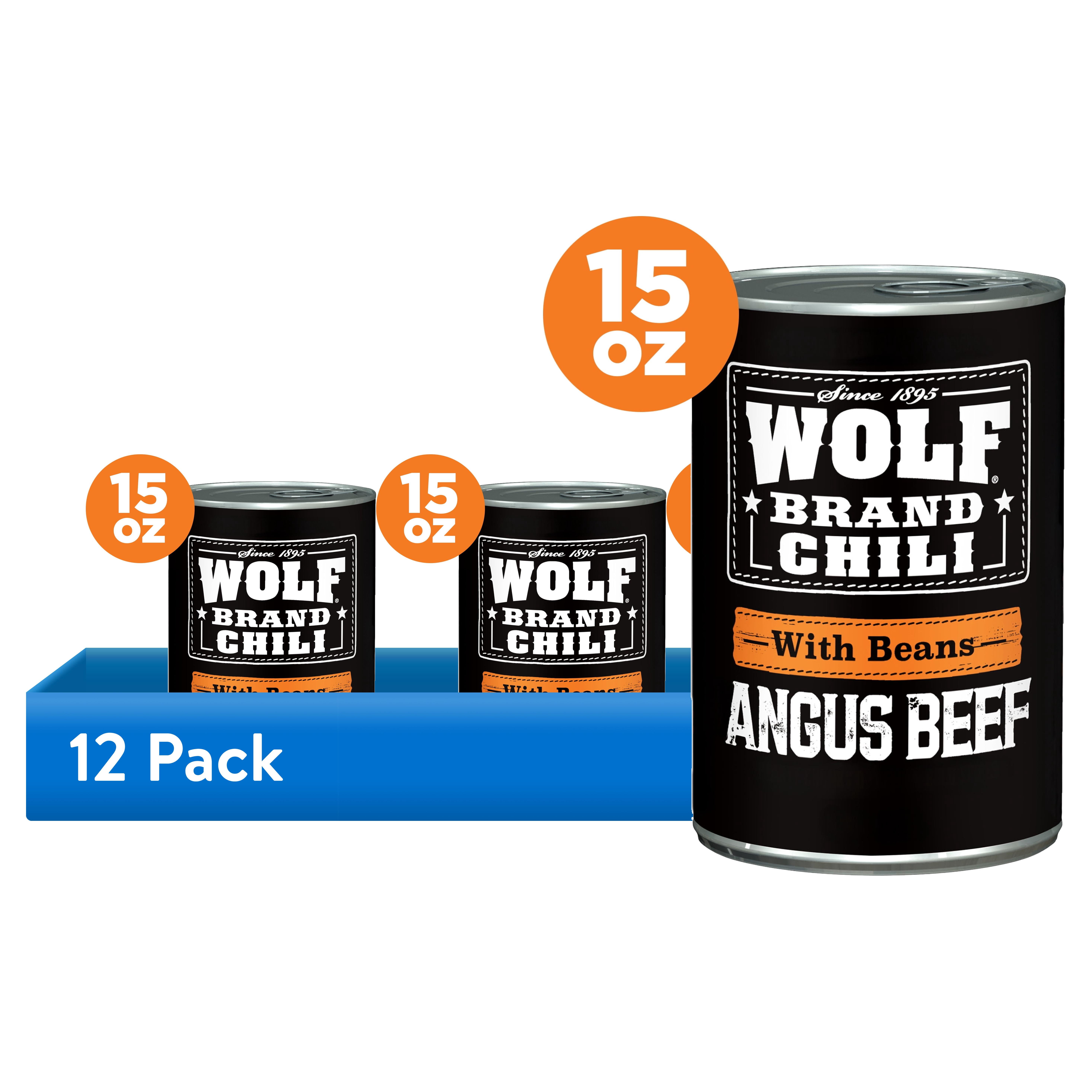 (12 pack) Wolf Brand Angus With Beans Chili, 31g Protein Per Serving, 15 oz. Can