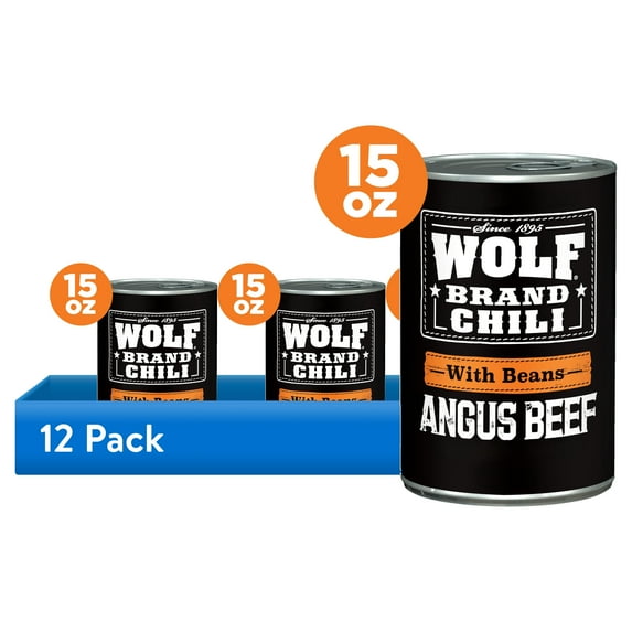 (12 pack) Wolf Brand Angus With Beans Chili, 31g Protein Per Serving, 15 oz. Can