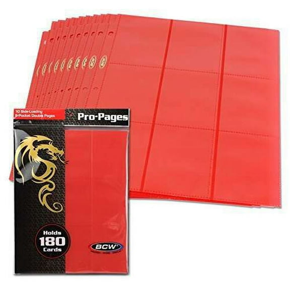 1 pack of 10 BCW 2 5/8" x 3 3/4" Card 18-Pocket Side Loading Bold Red Pro Binder Pages