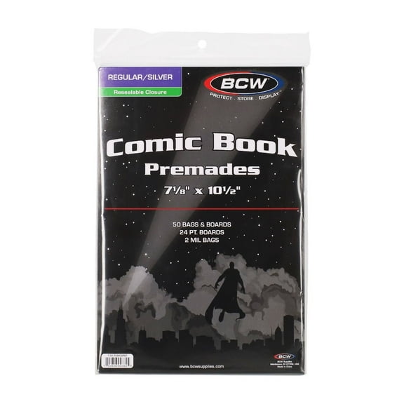 1 pack of 50 BCW 7 " x 10 " Premade Resealable Silver Age Comic Book Bags and Boards