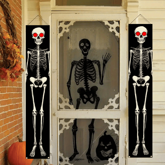 1 pair of 2D flat holiday party skull door banners, with a vibrant holiday color design, suitable for both indoor and outdoor use. It is perfect for creating a festive and warm holiday atmosphere. De