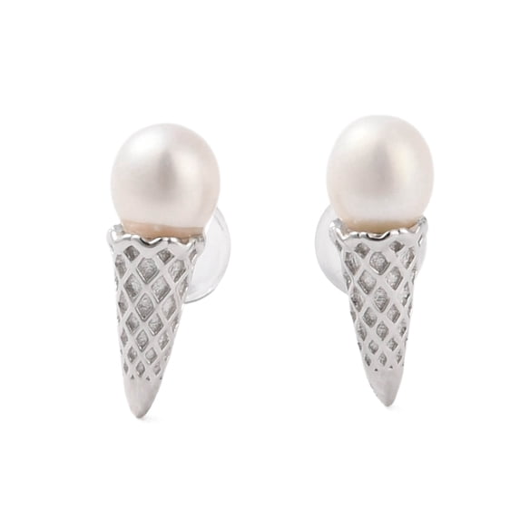 1 pair 925 Sterling Silver Studs Earring with Natural Pearl Ice Cream Platinum 14x5mm