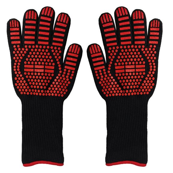 1 pair BBQ Gloves Heat and Flame Resistant Protection - Oven and Grill Gloves Hand Protection, Extended Wrist for Addtional Safety, Ideal for Outdoor Cooking, Grilling, Barbeque and Campfire (Red)
