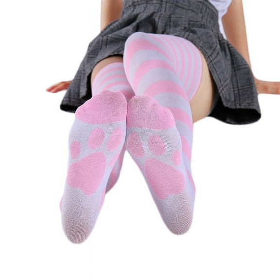 (1 pair) Cat claw cotton socks blue and white wide strip stockings-Pink and white