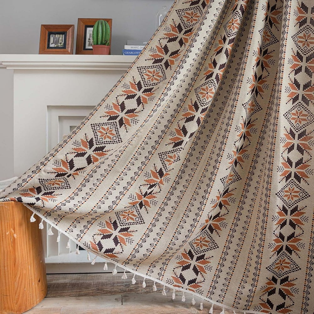 1 pair Curtains Coffee Brown Geometric Patterned Drapes Tassel Window Curtain 59"W x 63"L