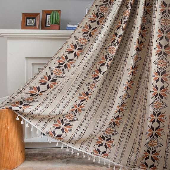1 pair Curtains Coffee Brown Geometric Patterned Drapes Tassel Window Curtain 59"W x 87"L