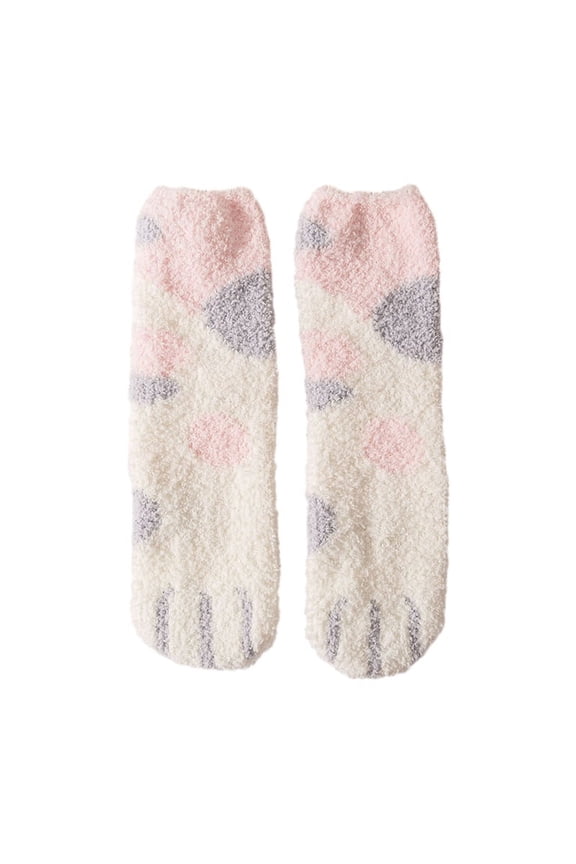 (1 pair) Floor socks, cat's paw warm sleeping socks-pink and white color matching