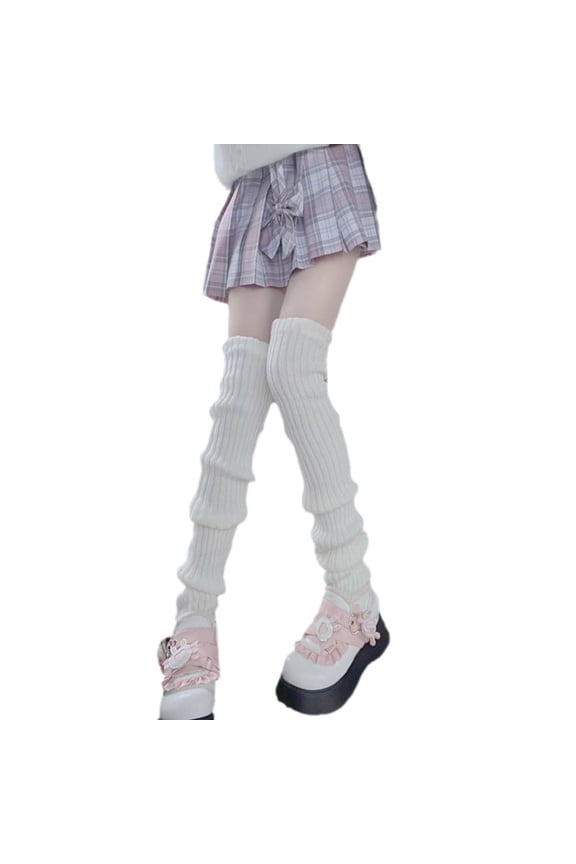 (1 pair) Lolita cute soft girl warm long-tube knee pads white striped pile socks-white