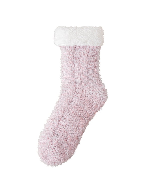 1 pair Slipper Socks for Women with Gripper - Winter Non Slip Thick Fuzzy Socks - Warm Cozy Gift (fat powder)
