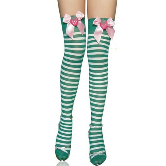 (1 pair) Strawberry bow striped high-tube stockings-1 green and white stripes