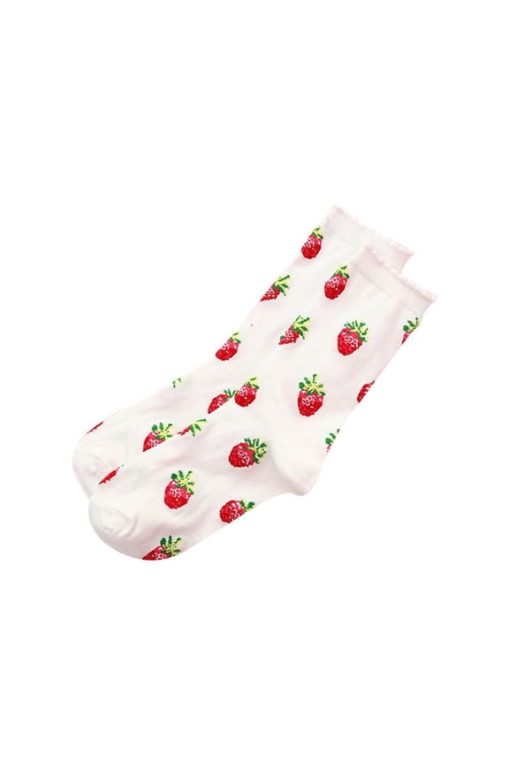 (1 pair) Strawberry tube cotton socks-Strawberry-white