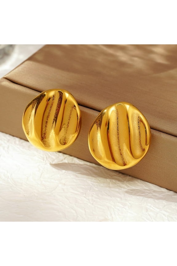 1 pair Stylish Stainless Steel Flat Round Striped Button Stud Earrings Golden 27.38x25.46mm