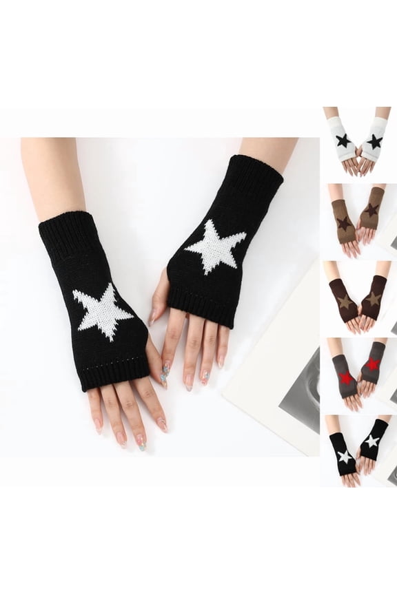 1 pair Women Autumn Winter Knitted Gloves Fashion Five Pointed Star Warm Fingerless Gloves Casual Accessories Black One Size