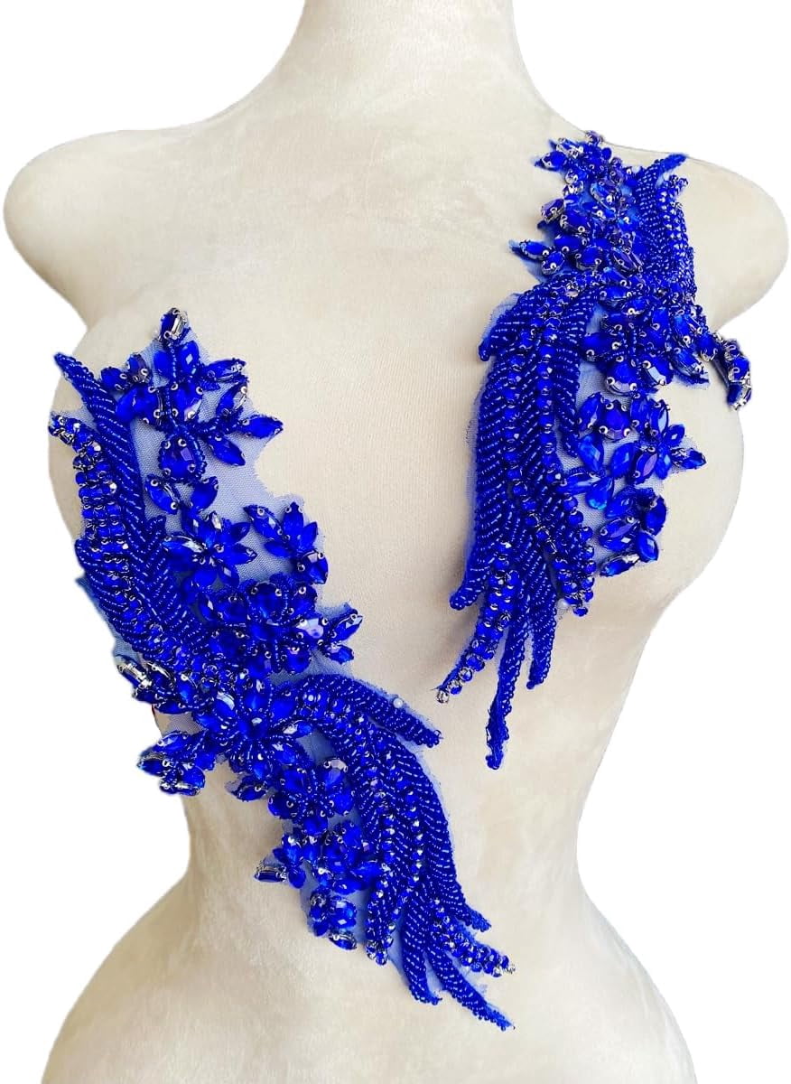 1 par de parches de cristal hechos a mano con cuentas corpiño encaje DIY apliques parches accesorio para ropa de vestir 35X12cm (Blue)