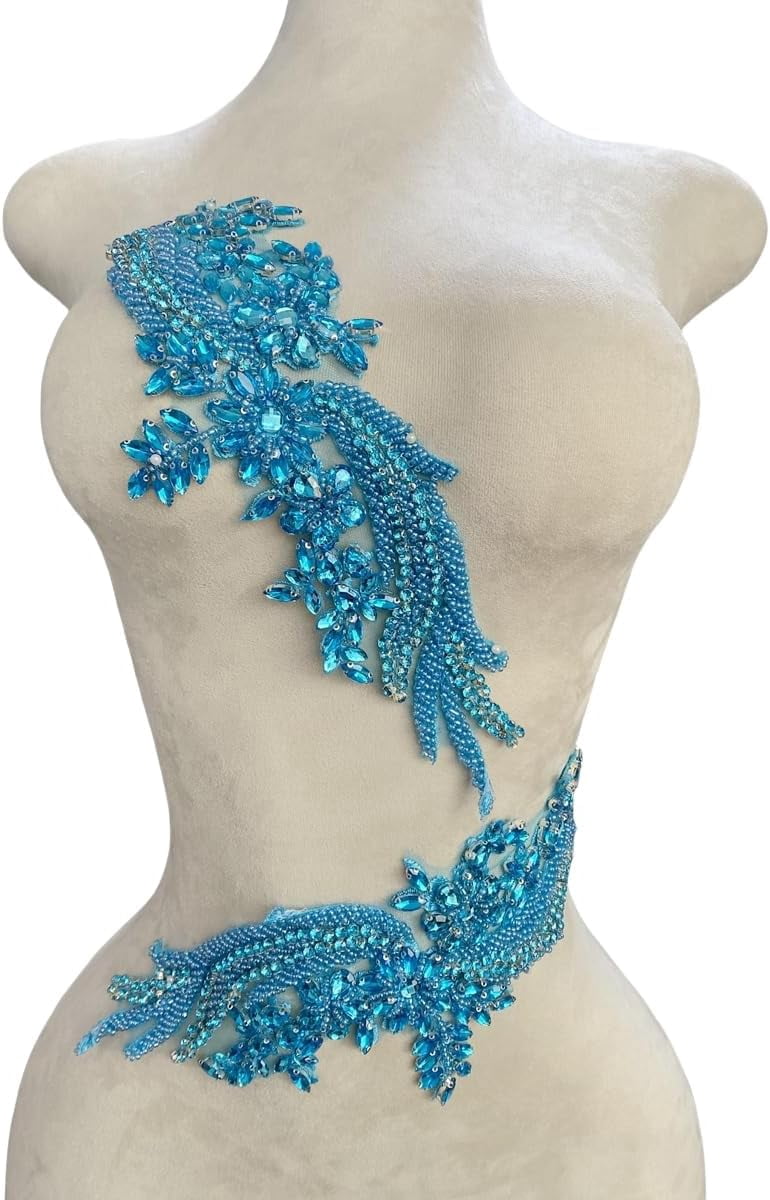 1 par de parches de cristal hechos a mano con cuentas corpiño encaje DIY apliques parches accesorio para ropa de vestir 35X12cm (Sky blue)