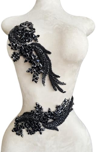 1 par de parches de cristal hechos a mano con cuentas corpiño encaje DIY apliques parches accesorio para ropa de vestir 35X12cm (negro)