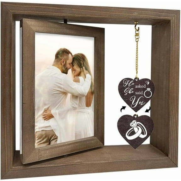 1 pc 1 Pc Double Sided Rotating Picture Frame for Wedding He Asked She Said Yes Wood Photo Frame with Heart Charms Engagement Married Gift for Couple Lover Fits 4x6inch(10x15cm) in Photo diy Ring