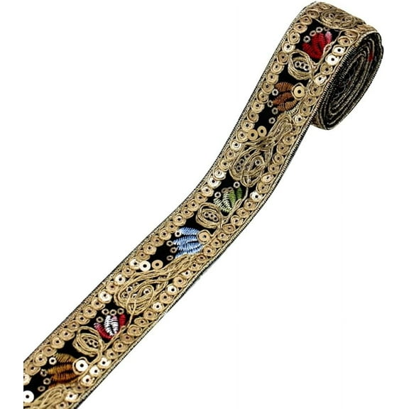 1 pc 10 Yards Black Gold Embroidered Ribbon Boho Sequin Beaded Lace Trim Metallic Jacquard Ethnic Applique Woven Fabric Ribbons Bulk for Sewing Making Crafts Curtain Gift Wrapping Clothes Supply