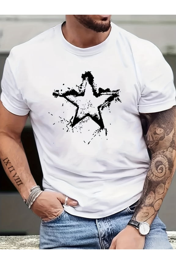 1 pc 100% Cotton Fashion Star Print Men's Crew Neck Comfy Breathable Short Sleeve T-shirt