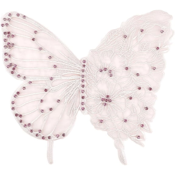 1 pc 11.89 x 13.43 Inch Butterfly Iron on Patches Pink Large Beaded Lace Trim Applique Vintage Rhinestone Embroidery Sew on Repair Appliques for Sewing Making Crafts Clothes Dress Wedding Gowns