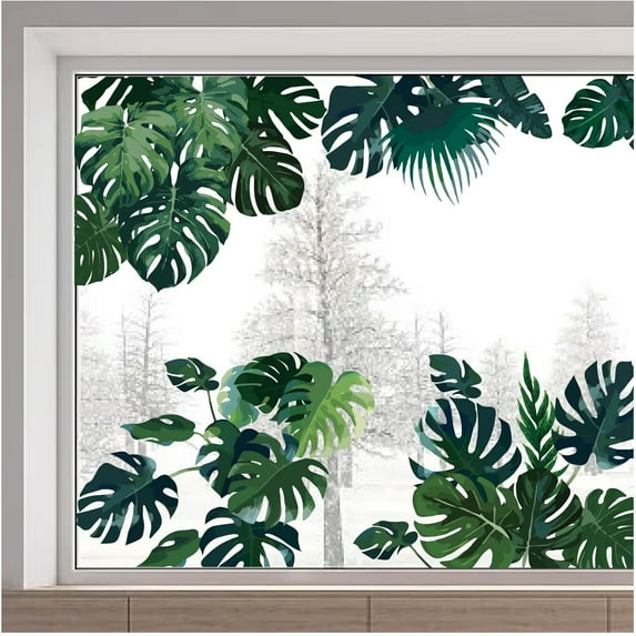 1 pc 11.8x46.4 Inch Tropical Window Decals Static Non Adhesive Palm Tree Monstera Fern Window Clings Plant Leaf Foliage Flower Botanical Window Stickers for Glass Sliding Door Summer Home Decor