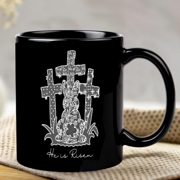 1 pc 11 oz Ceramic Coffee Mug Elegant white coffee cup with intricate He Is Risen cross designs as a Christian Easter believers prayer groups or religious commemorations