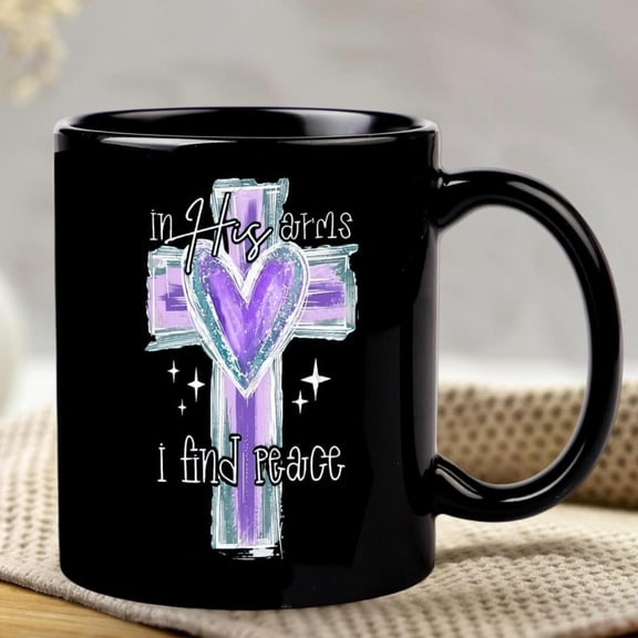 1 pc 11 oz Ceramic Coffee Mug Purple cross coffee cup with In His arms I find peace design a heartfelt Christian believers Easter Christmas Faith inspired moments