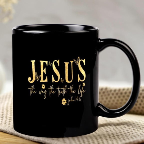 1 pc 11 oz Ceramic Coffee mug Black inspirational coffee mug printed with Jesus Only True Light of Life in elegant gold font Christmas Easter Christians believers prayer enthusiasts