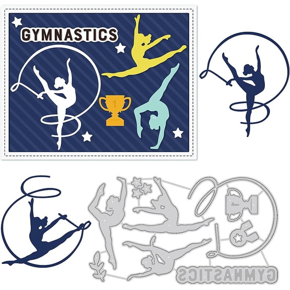 1 pc 13.5x7.7cm Gymnastics Metal Cutting Dies Ribbons Trophies Stars Embossing Stencil Template for DIY Crafts Scrapbook Photo Album Decor Card Making(0.8mm Thick)