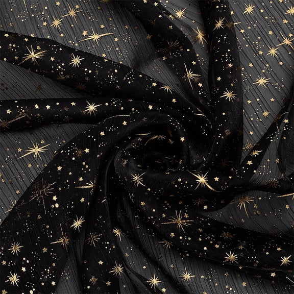 1 pc 2.19Yard Organza Shiny Star Fabric 63Inch Wide Black Base with Gold Stamping Star Pattern Polyester Fabric Perfect for DIY Crafts