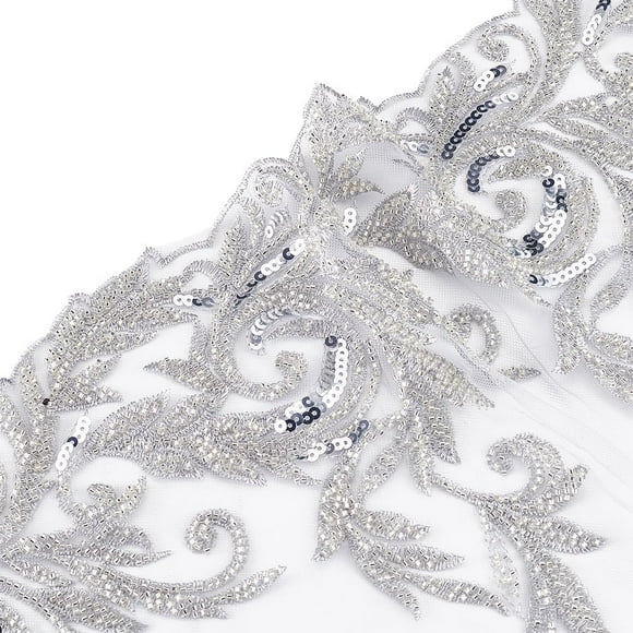 1 pc 2 Yards Silvery 3D Lace Applique Width 13.6 Inch Floral Lace Rhinestone Beaded Sewing Fabric Applique Decor for DIY Sewing Clothing Flowers Applique Embroidery Patches Fabric for Wedding Dress