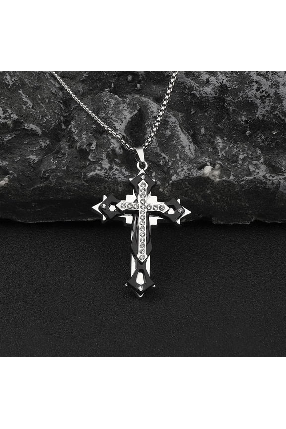 1 pc 201 Stainless Steel Necklaces Alloy Rhinestone Pendant Necklaces Cross Black 23.31 inch(59.2cm)
