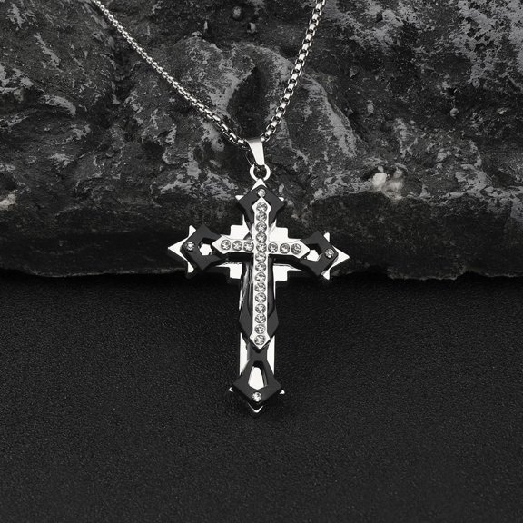 1 pc 201 Stainless Steel Necklaces Alloy Rhinestone Pendant Necklaces Cross Black 23.31 inch(59.2cm)